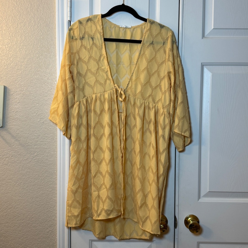 Maurices Swimsuit Cover Up Woman's Small Summer Yellow Tie Front 1/4 Sleeve